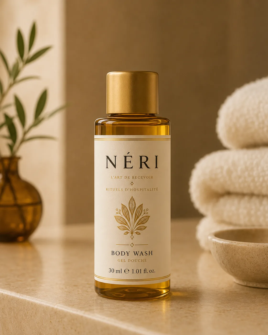 NÉRI body wash in an amber glass bottle with gold cap, beside cream towels