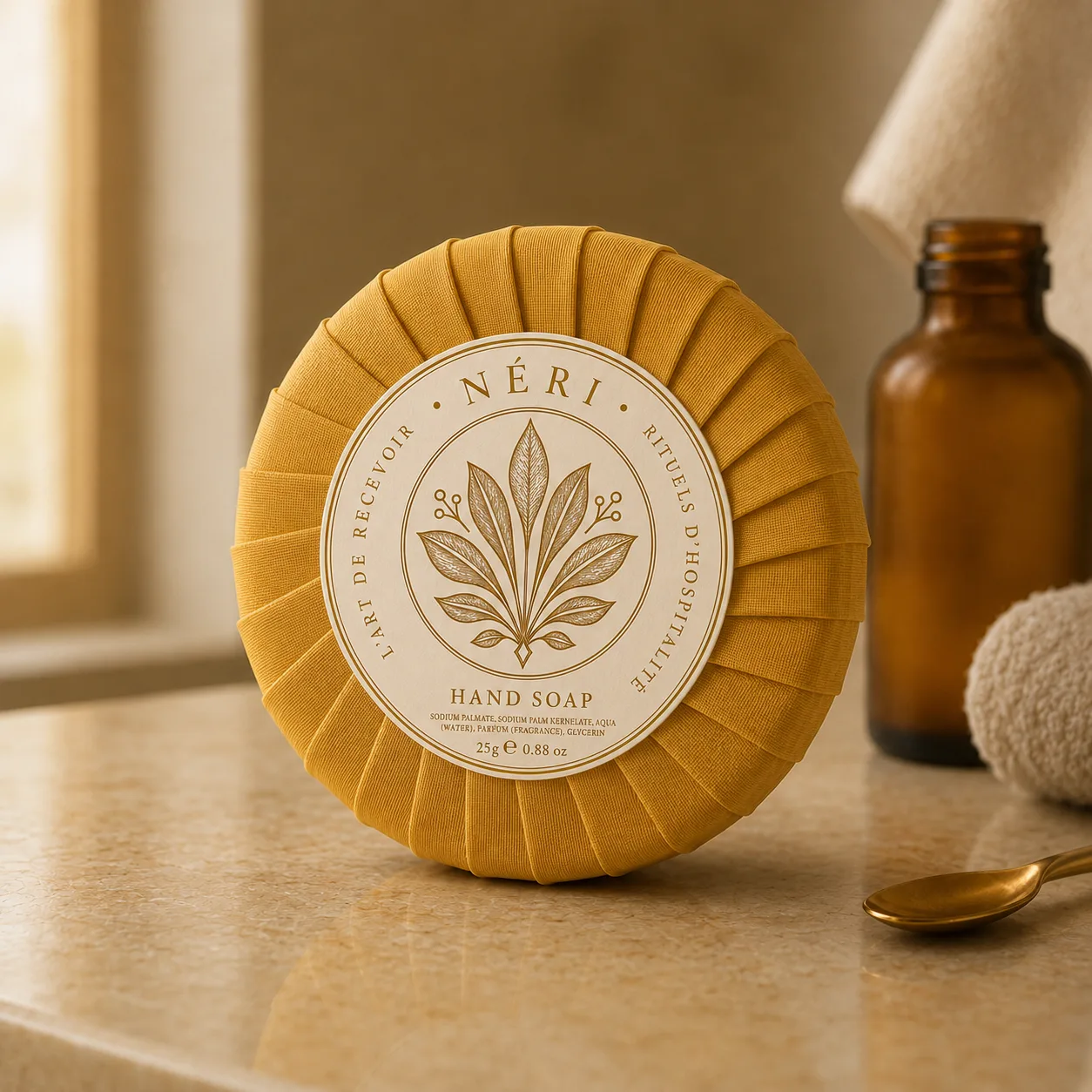 NÉRI pleated hand soap in honey-ochre paper with cream botanical label, standing on travertine