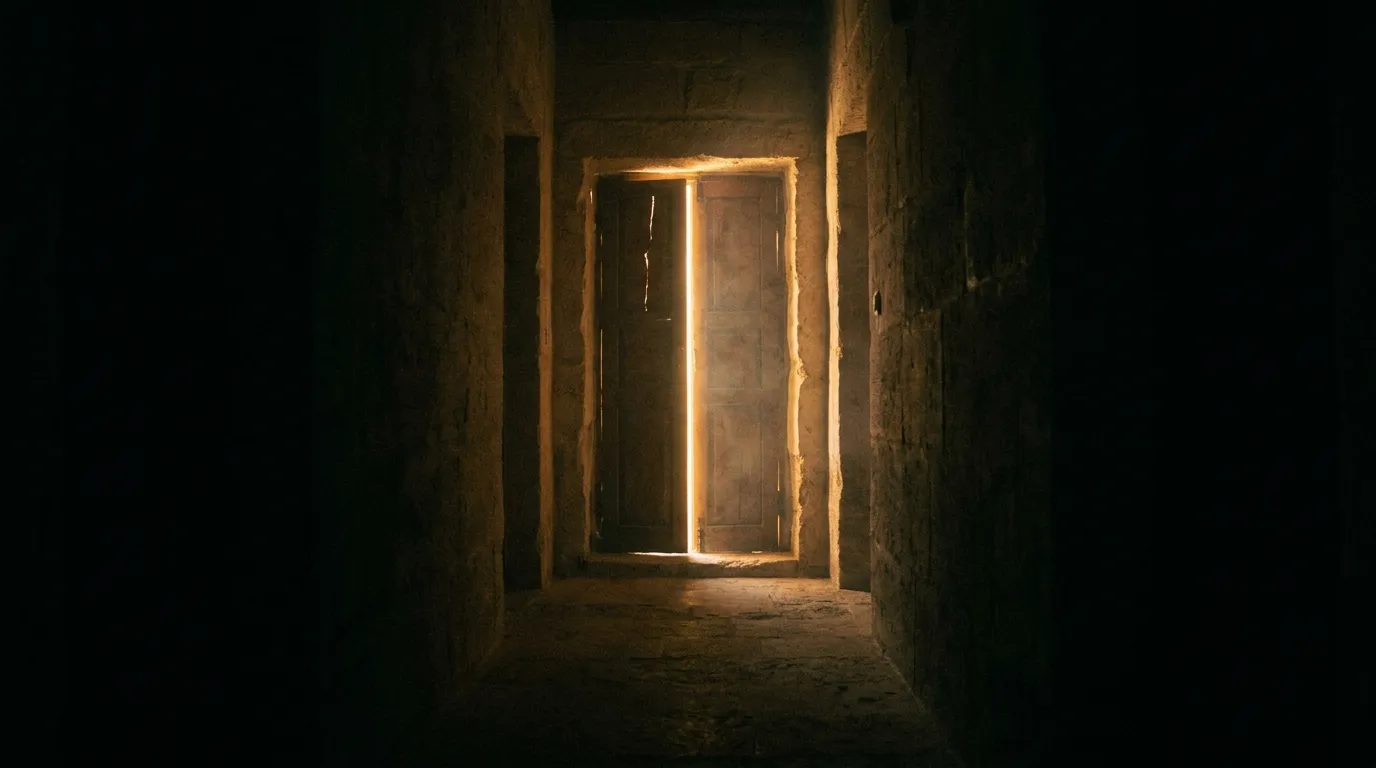 A dark travertine corridor at dawn, warm golden light spilling from a door left ajar