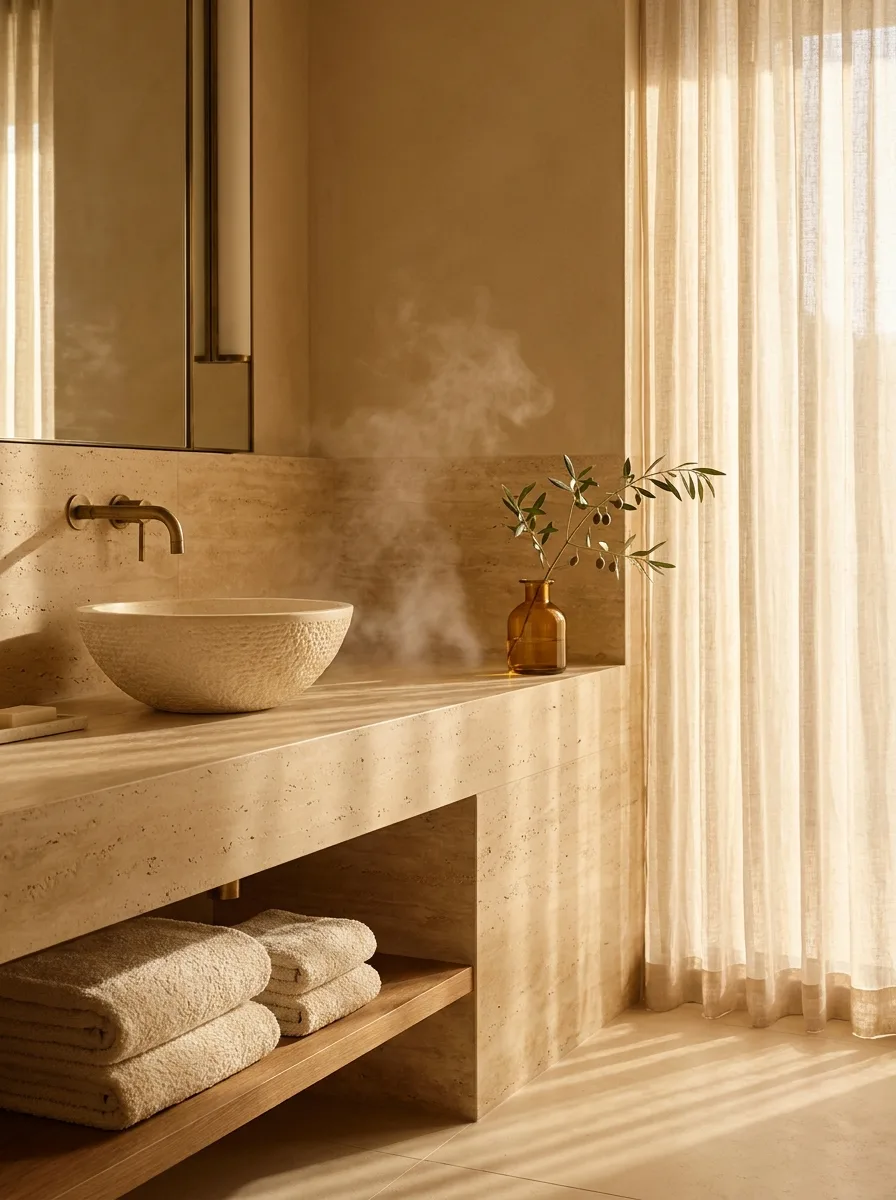 Warm hotel bathroom in travertine stone, morning light falling across cream towels and an olive branch