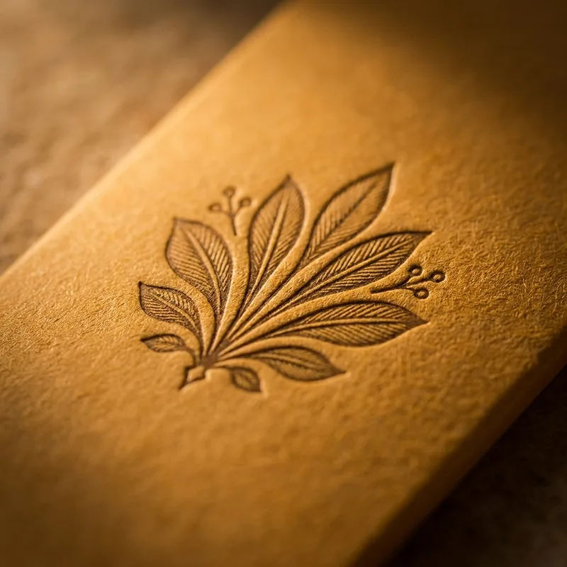 Macro detail of debossed kraft paper with botanical motif