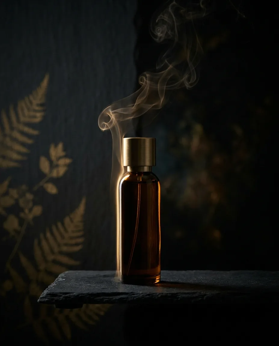 An amber glass perfume bottle rim-lit in gold against darkness, fragrance smoke rising