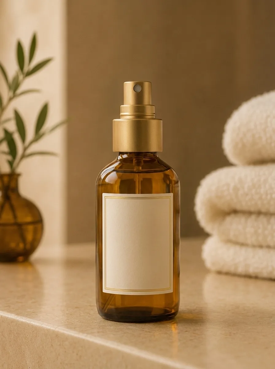 NÉRI room fragrance in amber glass with a brushed gold atomizer, on travertine stone